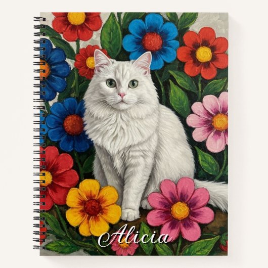 Fluffy White Cat and Folk Art Flowers Notitieboek (Voorkant)