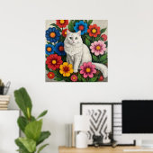 Fluffy White Cat and Folk Art Flowers Poster (Thuiskantoor)