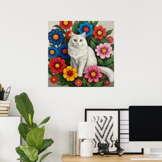 Fluffy White Cat and Folk Art Flowers Poster (Thuiskantoor)