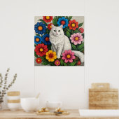 Fluffy White Cat and Folk Art Flowers Poster (Keuken)