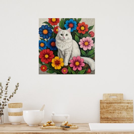 Fluffy White Cat and Folk Art Flowers Poster (Keuken)
