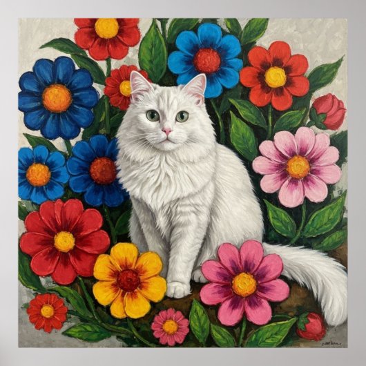 Fluffy White Cat and Folk Art Flowers Poster (Voorkant)