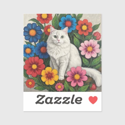 Fluffy White Cat and Folk Art Flowers Sticker (Vel)
