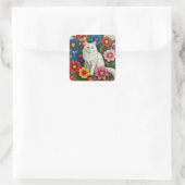 Fluffy White Cat and Folk Art Flowers Vierkante Sticker (Tas)