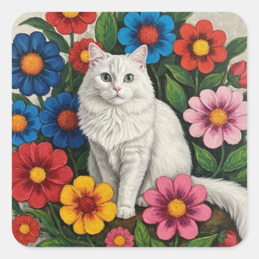 Fluffy White Cat and Folk Art Flowers Vierkante Sticker (Voorkant)