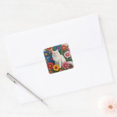 Fluffy White Cat and Folk Art Flowers Vierkante Sticker (Envelop)