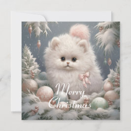 Fluffy White Cat Christmas-Kaart Feestdagenkaart