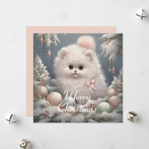 Fluffy White Cat Christmas-Kaart Feestdagenkaart