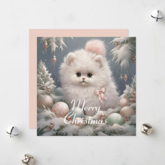 Fluffy White Cat Christmas-Kaart Feestdagenkaart