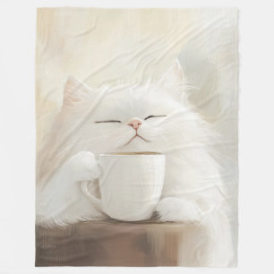 Fluffy White Cat Drink Koffie – Gezellig Whimsical Fleece Deken