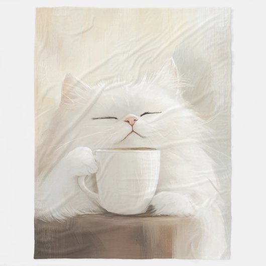 Fluffy White Cat Drink Koffie – Gezellig Whimsical Fleece Deken (Voorkant)