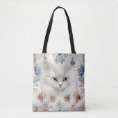 FLUFFY WHITE CAT MET BLAUWE & ORANJE BLOEMEN TOTE BAG (Voorkant)