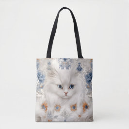 FLUFFY WHITE CAT MET BLAUWE & ORANJE BLOEMEN TOTE BAG