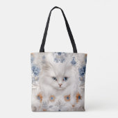 FLUFFY WHITE CAT MET BLAUWE & ORANJE BLOEMEN TOTE BAG (Achterkant)