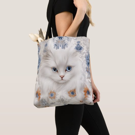 FLUFFY WHITE CAT MET BLAUWE & ORANJE BLOEMEN TOTE BAG (Dichtbij)