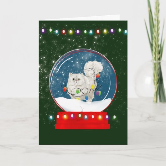 Fluffy White Cat Snow Wereldbol-kerstkaart Kaart (Voorkant)