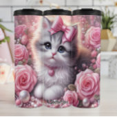Fluffy White Kitten Roze Rozen Thermosbeker