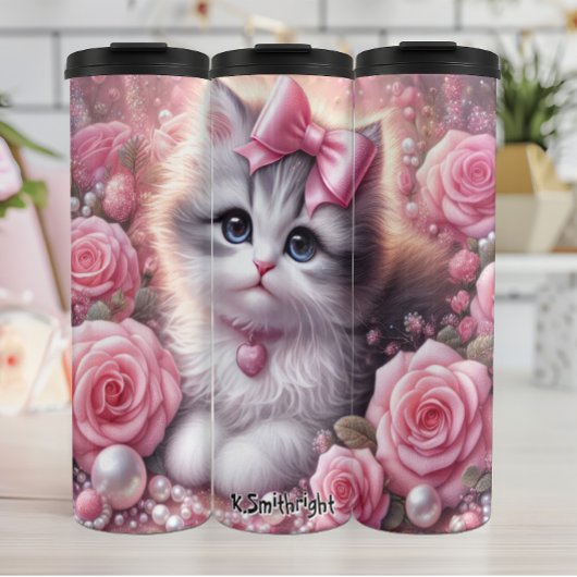 Fluffy White Kitten Roze Rozen Thermosbeker