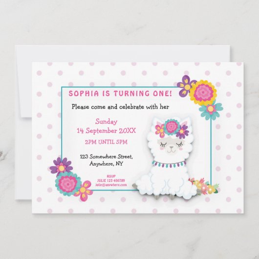 Fluffy White Llama Polka Dot Eerste Verjaardagsfee Kaart (Voorkant)