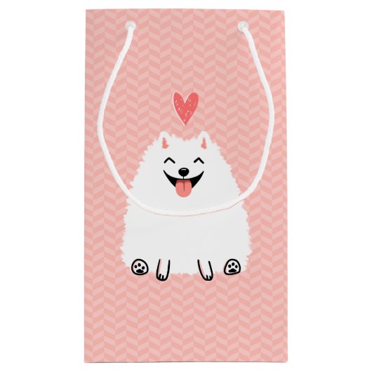 Fluffy White Pomeranian met Valentijn Heart Klein Cadeauzakje (Achterkant)