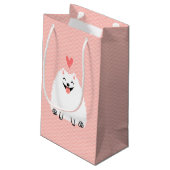 Fluffy White Pomeranian met Valentijn Heart Klein Cadeauzakje (Achterkant Gekanteld)