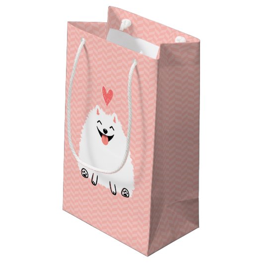 Fluffy White Pomeranian met Valentijn Heart Klein Cadeauzakje (Achterkant Gekanteld)