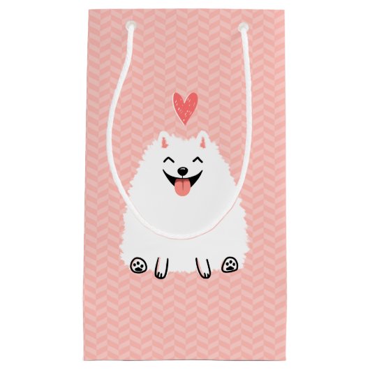 Fluffy White Pomeranian met Valentijn Heart Klein Cadeauzakje (Voorkant)