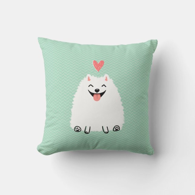 Fluffy White Pomeranian met Valentijn Heart Kussen (Voorkant)