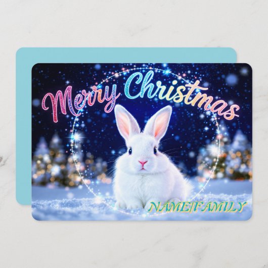 Fluffy White Rabbit in Magical Winter Forest Feestdagenkaart (Voorkant / Achterkant)