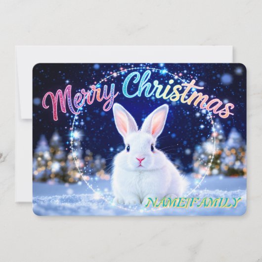 Fluffy White Rabbit in Magical Winter Forest Feestdagenkaart (Voorkant)