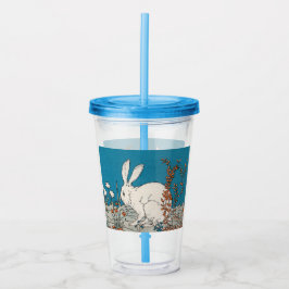 Fluffy White Rabbit onder Flowers Blue Acryl Drinkbeker
