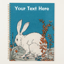 Fluffy White Rabbit Sitting in  Flowers Blue Planner