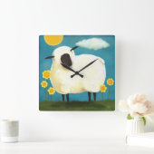 Fluffy White Sheep & Flowers Wall Clock Vierkante Klok (Huis)