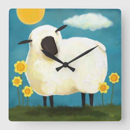 Fluffy White Sheep & Flowers Wall Clock Vierkante Klok (Voorkant)