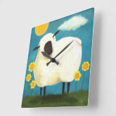 Fluffy White Sheep & Flowers Wall Clock Vierkante Klok (Hoek)