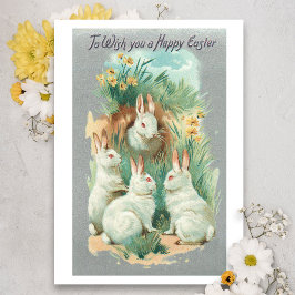 Fluffy White Vintage Easter Bunnies Feestdagenkaart
