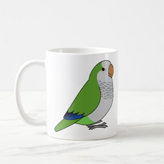 Fluffy wild green quaker parrot cartoon drawing koffiemok (Links)