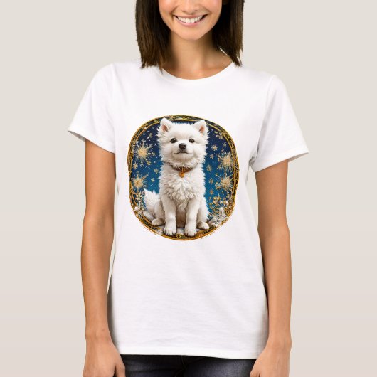 fluffy witte hond t-shirt (Voorkant)