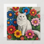 Fluffy Witte Kat en Folk Art Bloemen (Voorkant / Achterkant)