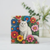 Fluffy Witte Kat en Folk Art Bloemen (Staand voorkant)