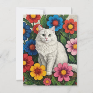 Fluffy Witte Kat en Volkskunst Bloemen Briefkaart