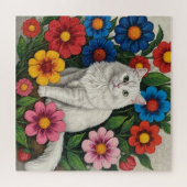Fluffy Witte Kat en Volkskunst Bloemen Legpuzzel (Horizontaal)