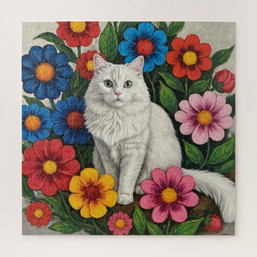 Fluffy Witte Kat en Volkskunst Bloemen Legpuzzel (Verticaal)