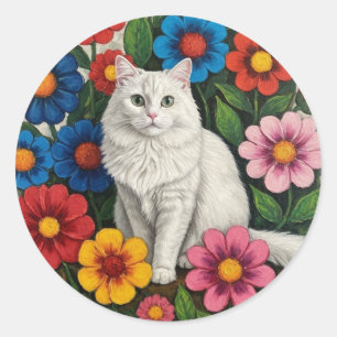 Fluffy Witte Kat en Volkskunst Bloemen Ronde Sticker