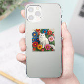 Fluffy Witte Kat en Volkskunst Bloemen Sticker (Telefoon)