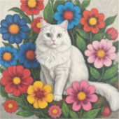 Fluffy Witte Kat en Volkskunst Bloemen Sticker (Voorkant)