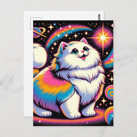 Fluffy witte kat in de ruimte briefkaart (Voorkant / Achterkant)