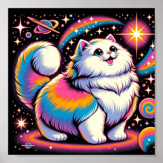 Fluffy witte kat in de ruimte poster (Voorkant)