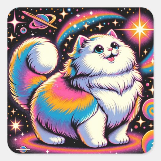 Fluffy witte kat in de ruimte vierkante sticker (Voorkant)
