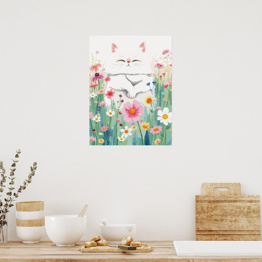 Fluffy witte kat in wilde bloem weide, schattige b poster (Keuken)